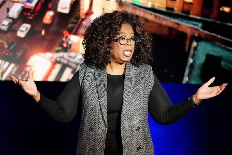Oprah Winfrey talks on stage during a taping of her TV show in the Manhattan borough of New York City