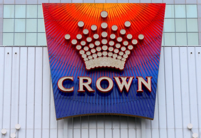 FILE PHOTO - The logo of Australian casino giant Crown Resorts Ltd adorns the hotel and casino complex in Melbourne