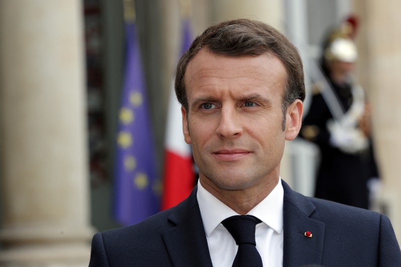 French President Emmanuel Macron attends a joint statement with Irish Prime Minister (Taoiseach) Leo Varadkar at the Elysee Palace in Paris