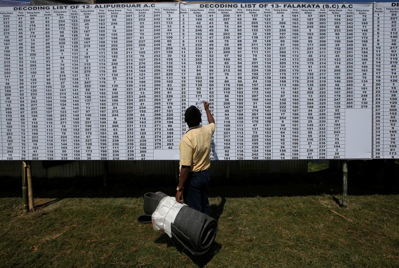 A polling officer checks a polling station list before collecting election material at a distribution centre ahead of first phase of general election in in Alipurduar