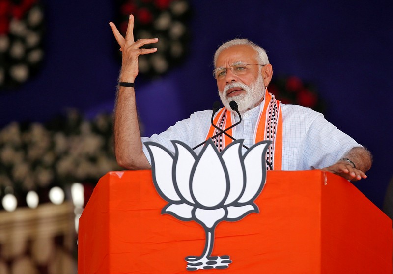 India's Prime Minister Narendra Modi addresses an election campaign rally in Junagadh