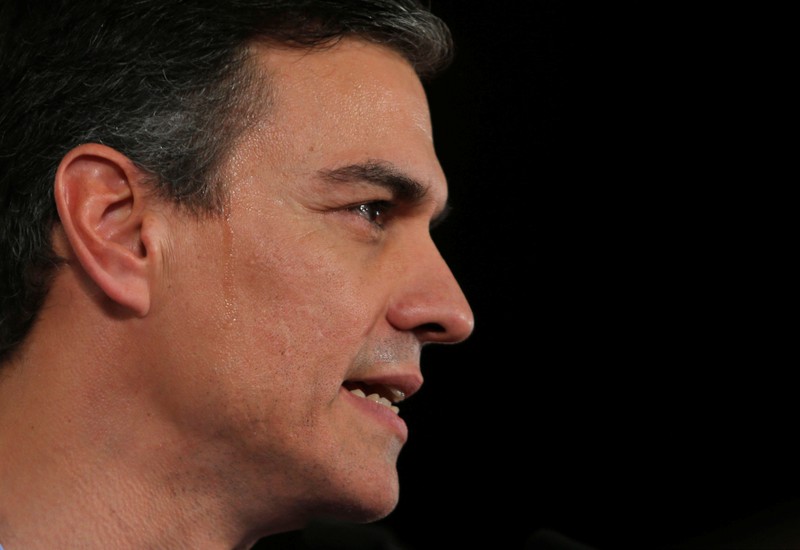 Spain's Socialist leader and current PM Pedro Sanchez delivers his speech during a PSOE party meeting before he kicks off his political campaign ahead of the April 28 general election in Dos Hermanas