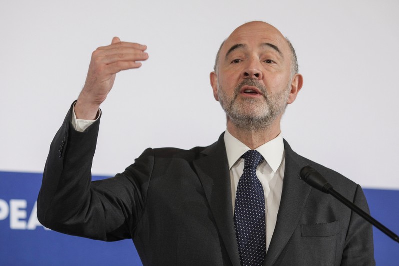 FILE PHOTO: European Economic and Financial Affairs Commissioner Pierre Moscovici speaks during a news conference in Bucharest