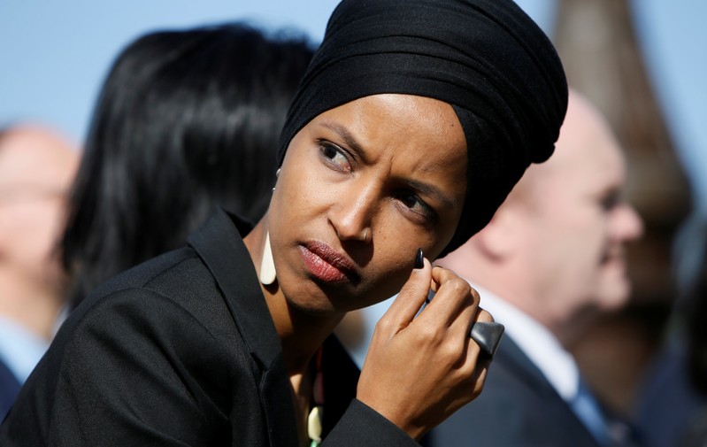Rep. Omar participates in a news conference about Trump administration policies towards Muslim immigrants outside the U.S. Capitol in Washington