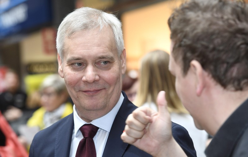 Social Democratic Party Chairman Antti Rinne campaigns for the Finnish parliamentary elections in Espoo
