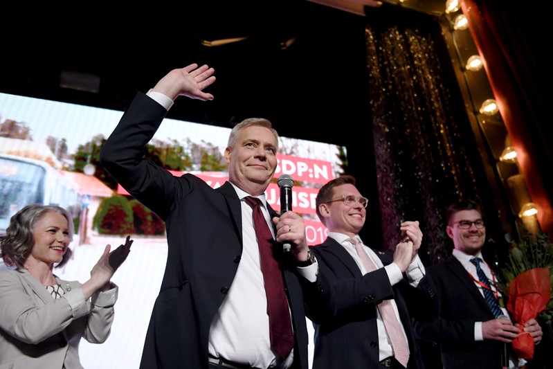 Chairman of The Finnish Social Democratic Party Antti Rinne his wife Heta Ravolainen Rinne and Party Secretary Antton Ronnholm attend the Party's election party in Helsinki