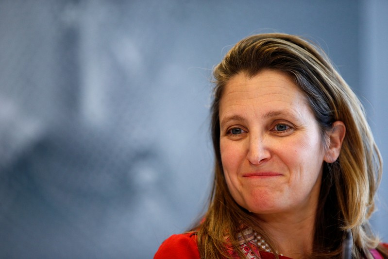 FILE PHOTO: Canada's Foreign Minister Chrystia Freeland attends a news conference on media freedom as part of the G7 Foreign Ministers' meeting in Dinard