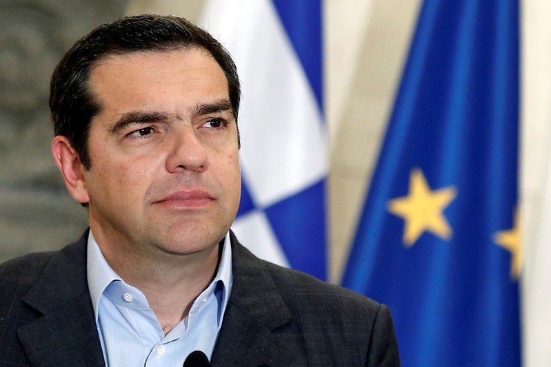 FILE PHOTO: Greek Prime Minister Alexis Tsipras attends joint statements with his Danish counterpart Lars Loekke Rasmussen after their meeting at the Maximos Mansion in Athens