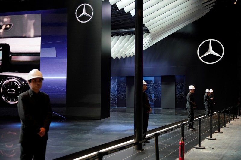 Mercedes logos are seen ahead of the Shanghai Auto Show, in Shanghai