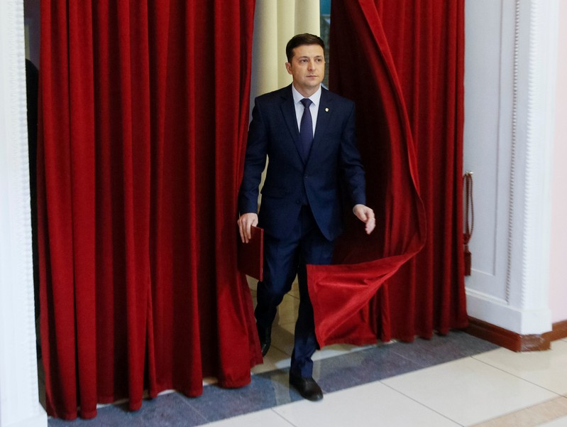 FILE PHOTO: Volodymyr Zelenskiy, Ukrainian comic actor and candidate in the upcoming presidential election, takes part in a production process of Servant of the People series in Kiev
