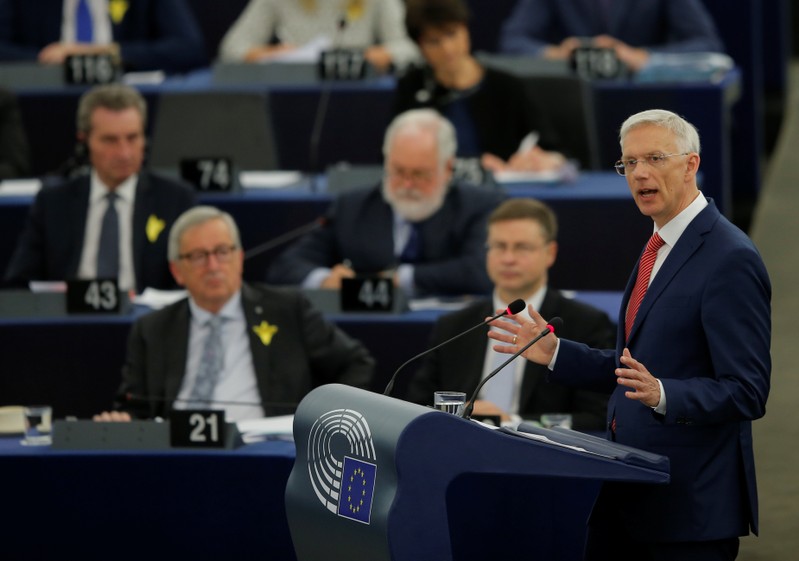 Latvian Prime Minister Krisjanis Karins delivers a speech during a debate on the future of Europe, at the European Parliament in Strasbourg