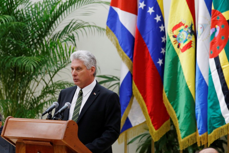 Cuba's President Miguel Diaz-Canel speaks during the 16th Bolivarian Alliance for the Peoples of Our America-Peoples Trade Agreement Summit in Havana