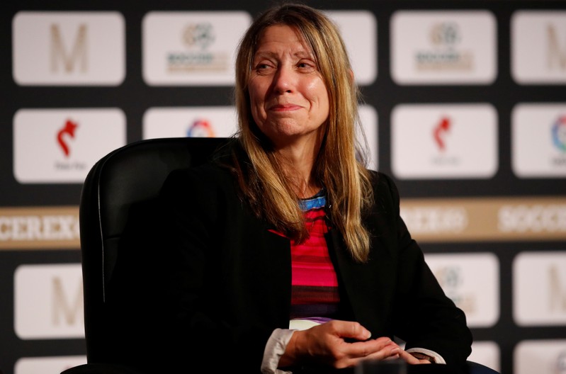 FILE PHOTO: Michele Verroken, founding director of Sporting Integrity sports business consultancy smiles during a discussion on doping in football at the Soccerex Global Convention in Manchester, Britain