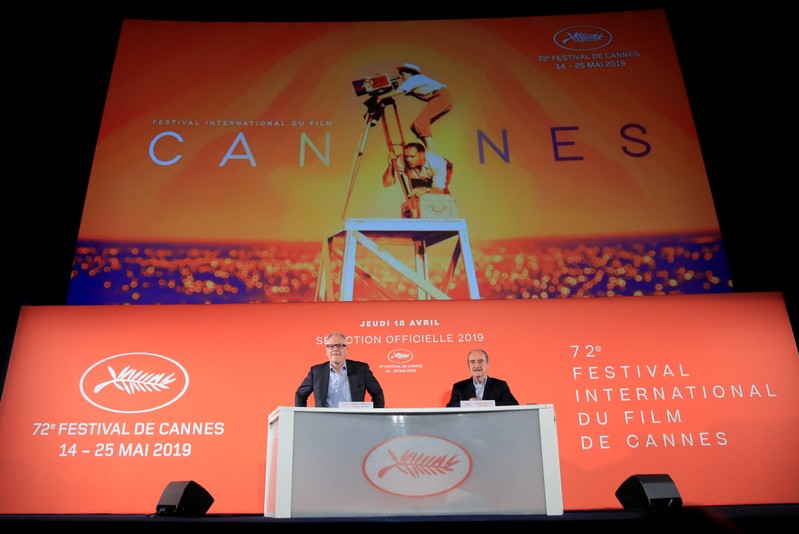 Cannes Film festival general delegate Fremaux and Cannes Film festival president Lescure attend a news conference to announce the official selection for the 72nd Cannes International Film Festival in Paris