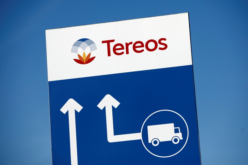 FILE PHOTO: The Tereos logo is displayed at a sugar beet processing plant in Origny-Sainte-Benoite