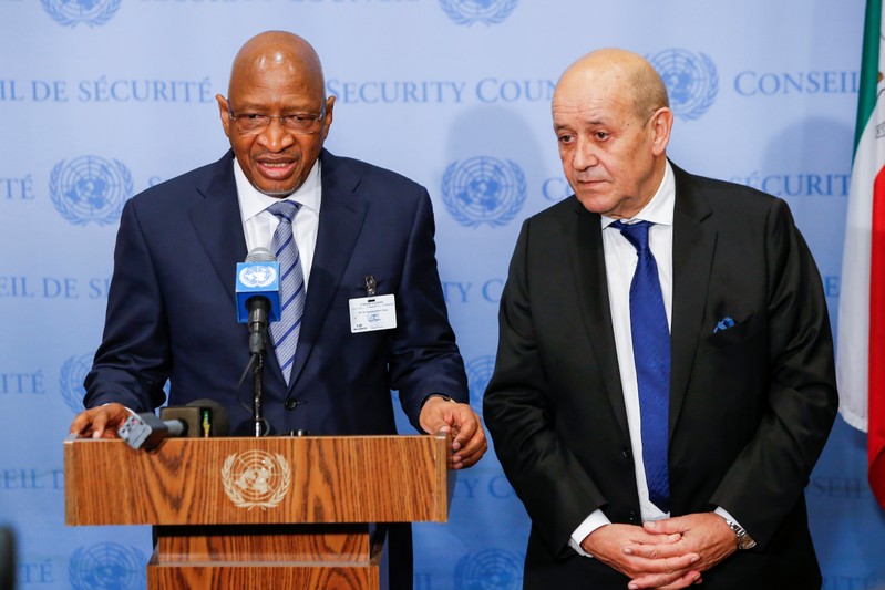Boubeye Maiga, Prime Minister of the Republic of Mali speaks to media next to Le Drian, Minister for Europe and Foreign Affairs of France at U.N. headquarters in New York