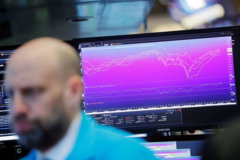 A chart is displayed behind a trader on the floor of the New York Stock Exchange (NYSE) shortly after the opening bell in New York