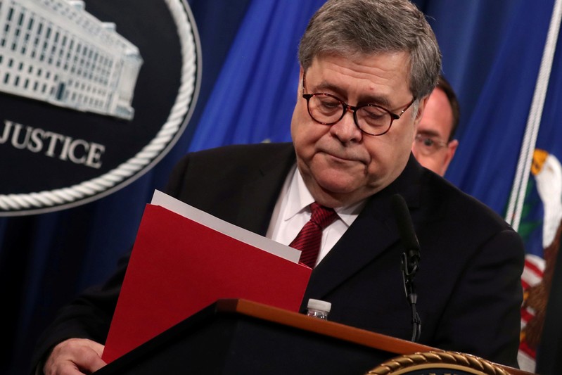 U.S. Attorney General Barr departs after speaking at a news conference on his release of the Mueller report in Washington