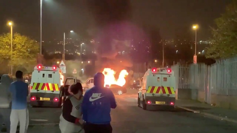 Rioters clash with emergency vehicles in Londonderry, Northern Ireland