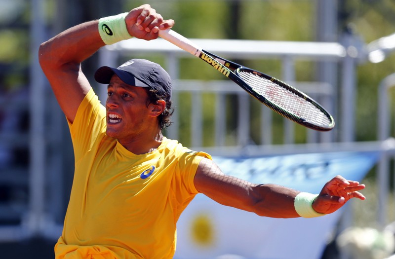 Brazil's Souza plays a shot during his Davis Cup tennis match against Argentina's Mayer in Buenos Aires
