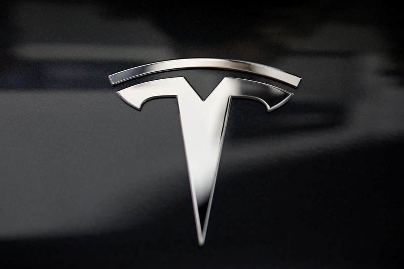 FILE PHOTO: A Tesla logo is seen in Los Angeles
