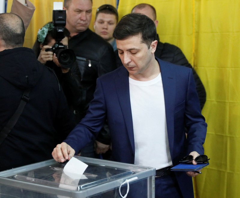 Candidate Zelenskiy visits a polling station during Ukraine's presidential election in Kiev