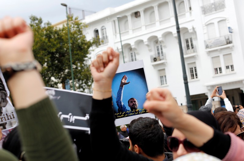 People protest during a solidarity march for jailed leaders of the protests that shook the northern Rif region in late 2016 and 2017, in Rabat