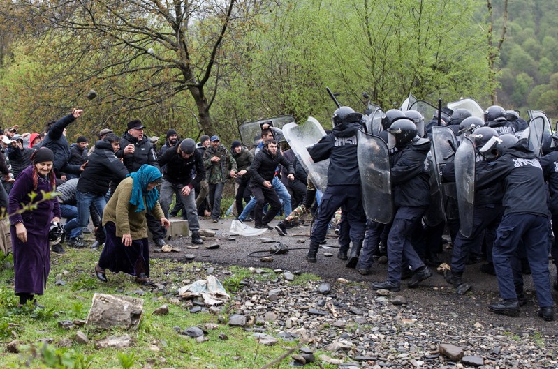 People protest against the construction of a hydropower plant near Birkiani