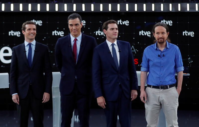 Main candidates for Spanish general elections hold their first televised debate in Pozuelo de Alarcon, outside Madrid