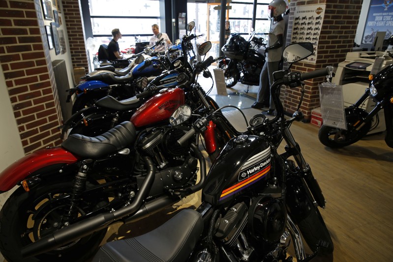The logo of U.S. motorcycle company Harley-Davidson is seen on one of their models at a shop in Paris