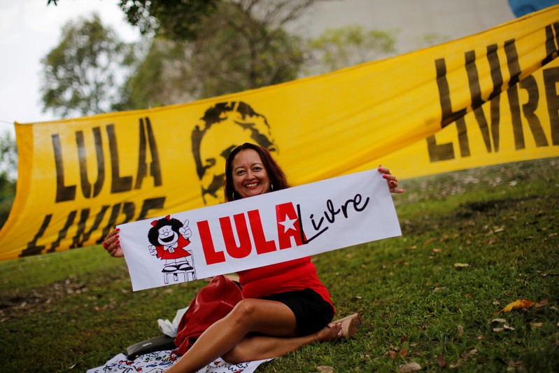 FILE PHOTO: A supporters of Brazil's former president Luiz Inacio Lula da Silva holds a sign reading