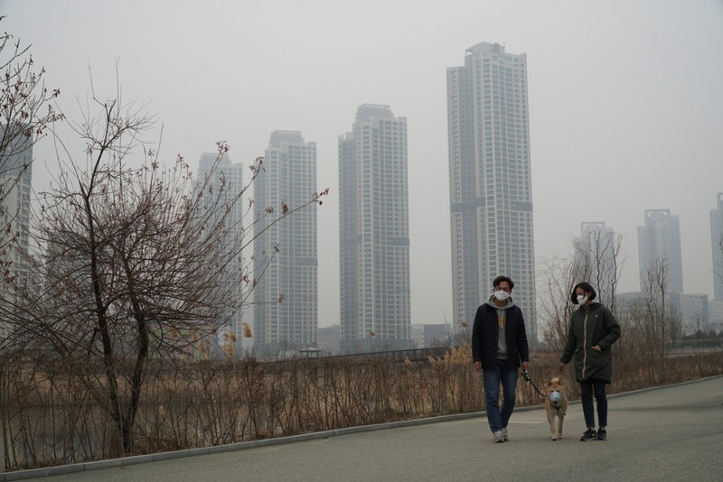 Cho Eun-hye and her one-and-a-half-year-old Korean Jindo dog Hari, both wearing masks, go for a walk on a poor air quality day in Incheon