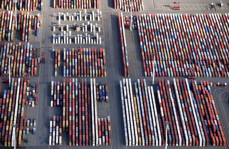 Aerial view of containers at a loading terminal in the port of Hamburg