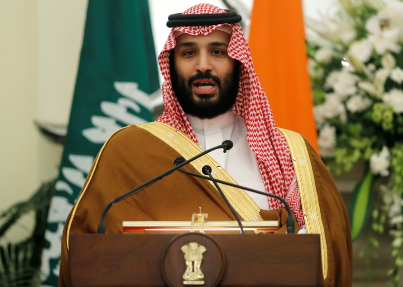 FILE PHOTO: Saudi Arabia's Crown Prince Mohammed bin Salman speaks during a meeting with Indian Prime Minister Narendra Modi at Hyderabad House in New Delhi