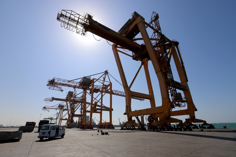 FILE PHOTO: View of cranes at the container terminal at the Red Sea port of Hodeidah