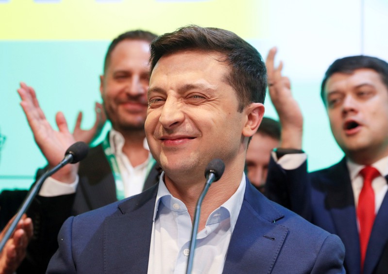 FILE PHOTO: Candidate Zelenskiy reacts following the announcement of an exit poll in Ukraine's presidential election in Kiev