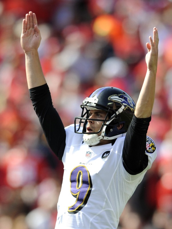Baltimore's Tucker celebrates his winning field goal against Kansas City in a NFL football game in Kansas City, Missouri