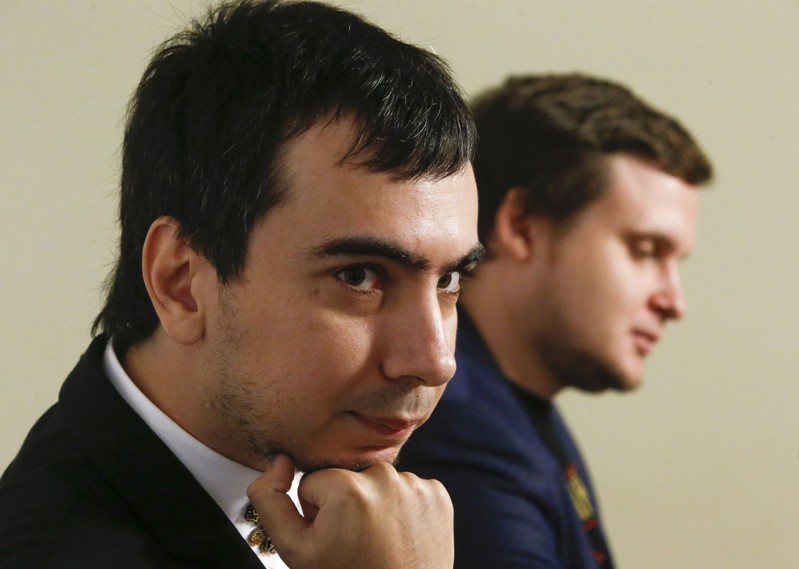 FILE PHOTO: Russian pranksters Kuznetsov and Stolyarov attend the presentation of their new book in Moscow