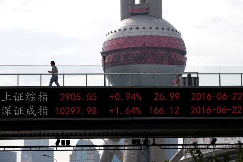 FILE PHOTO: A man walks past electronic board showing benchmark Shanghai and Shenzhen stock indices, on pedestrian overpass at Pudong financial district in ShanghaI
