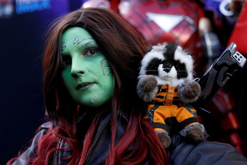 An Avengers fan poses as she arrives dressed as Gamora at the TCL Chinese Theatre in Hollywood to attend the opening screening of