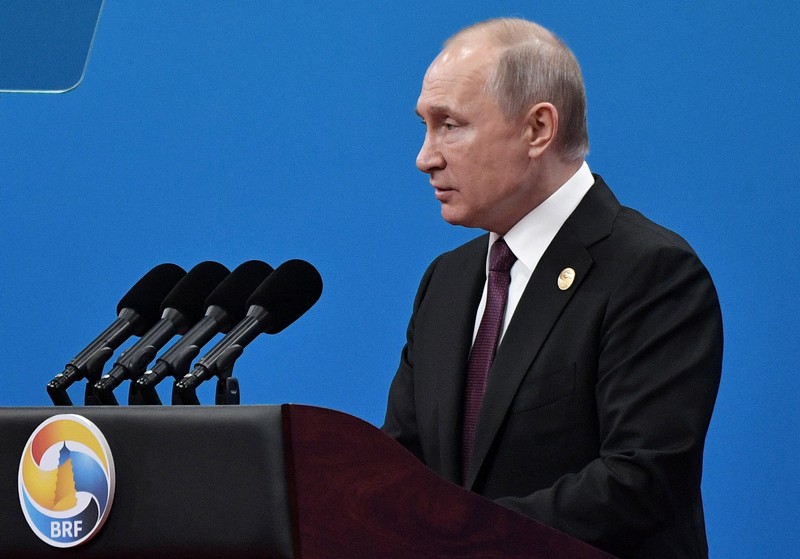 Russian President Vladimir Putin delivers a speech at the opening ceremony for the second Belt and Road Forum in Beijing