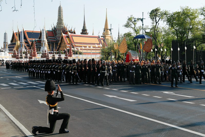 Thai soldiers take part in a rehearsal of Thailand's King Maha Vajiralongkorn coronation procession which will take place next week in Bangkok
