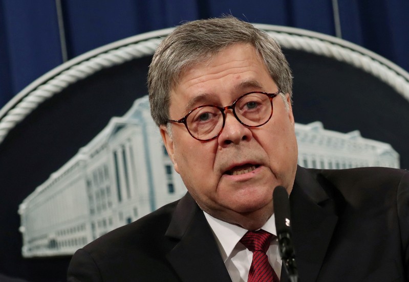 FILE PHOTO: U.S. Attorney General Barr speaks at a news conference to discuss Special Counsel Robert Mueller’s report on Russian interference in the 2016 U.S. presidential race, in Washington