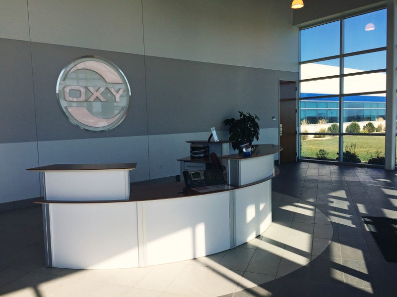 FILE PHOTO: The unstaffed lobby of the North Dakota regional headquarters of oil producer Occidental Petroleum Corp is seen in Dickinson