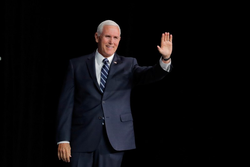 U.S. Vice President Mike Pence acknowledges the audience at the NRA annual meeting in Indianapolis