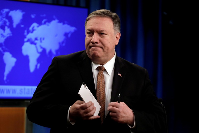 FILE PHOTO: U.S. Secretary of State Mike Pompeo leaves after a briefing on Iran at the State Department in Washington