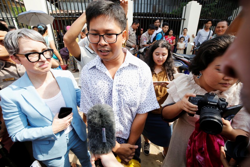 Reuters reporter Wa Lone speaks to media after he is freed from Insein prison after receiving a presidential pardon in Yangon