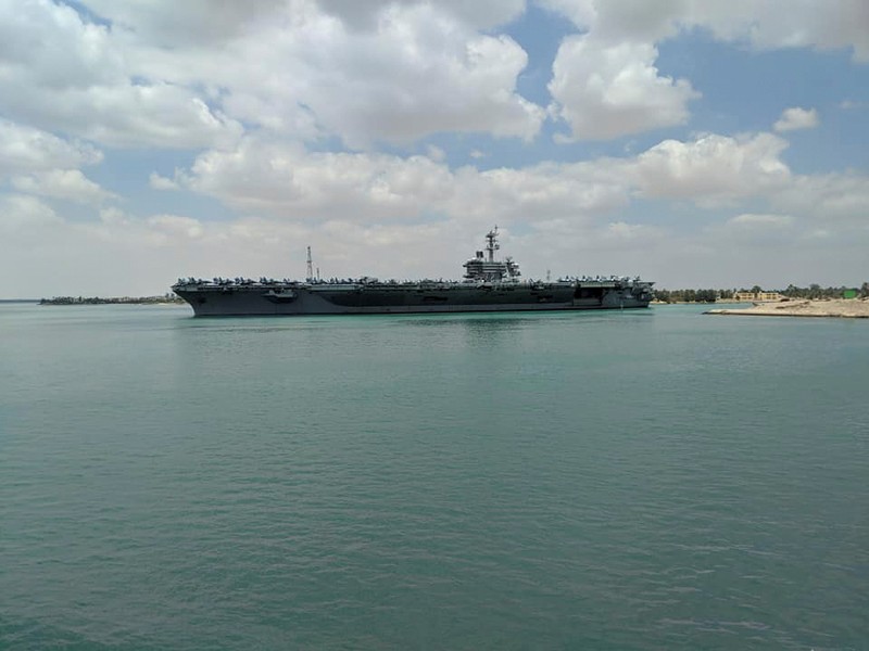 U.S. aircraft carrier the USS Abraham Lincoln is pictured while it travels through the Suez Canal in Egypt