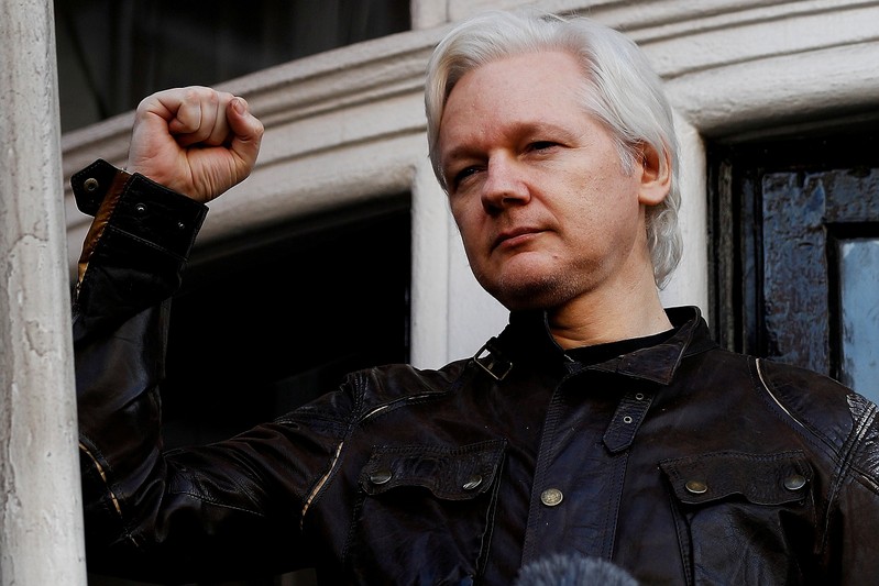 FILE PHOTO: WikiLeaks founder Julian Assange is seen on the balcony of the Ecuadorian Embassy in London