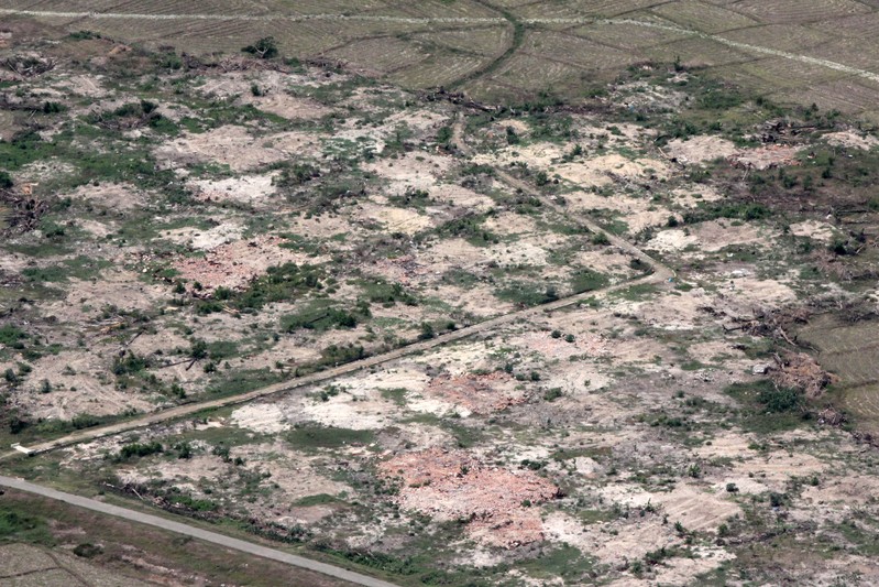 FILE PHOTO: An aerial view shows burned down villages once inhabited by the Rohingya seen from the Myanmar military helicopters that carried the U.N. envoys to northern Rakhine state, Myanmar
